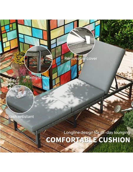 Outsunny Single Folding Rattan Sun Lounger, with Cushion - Grey
