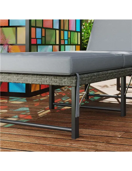 Outsunny Single Folding Rattan Sun Lounger, with Cushion - Grey