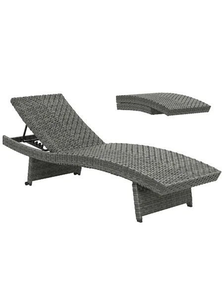 Outsunny Outdoor PE Rattan Sun Lounger, Folding Wicker Garden Lounger Recliner with 4-Level Adjustable Backrest, Rolling Sunbed 