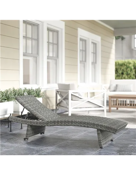 Outsunny Outdoor PE Rattan Sun Lounger, Folding Wicker Garden Lounger Recliner with 4-Level Adjustable Backrest, Rolling Sunbed 