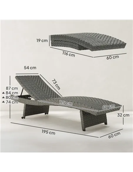 Outsunny Outdoor PE Rattan Sun Lounger, Folding Wicker Garden Lounger Recliner with 4-Level Adjustable Backrest, Rolling Sunbed 