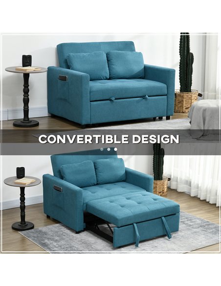 HOMCOM Loveseat Sofa Bed, Convertible Bed Settee with 2 Cushions, Side Pockets for Living Room, Blue