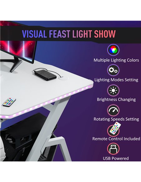 HOMCOM RGB 120 x 66cm Gaming Desk, Computer Table with Carbon Fibre Surface, Headphone Hook, Cup Holder, Controller Rack, Home O