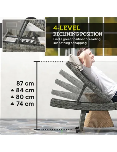 Outsunny Outdoor PE Rattan Sun Lounger, Folding Wicker Garden Lounger Recliner with 4-Level Adjustable Backrest, Rolling Sunbed 