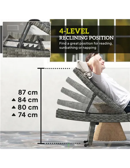 Outsunny Outdoor PE Rattan Sun Lounger, Folding Wicker Garden Lounger Recliner with 4-Level Adjustable Backrest, Rolling Sunbed 