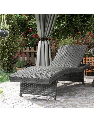 Outsunny Outdoor PE Rattan Sun Lounger, Folding Wicker Garden Lounger Recliner with 4-Level Adjustable Backrest, Rolling Sunbed 