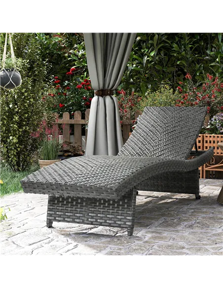 Outsunny Outdoor PE Rattan Sun Lounger, Folding Wicker Garden Lounger Recliner with 4-Level Adjustable Backrest, Rolling Sunbed 
