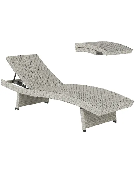 Outsunny Outdoor PE Rattan Sun Lounger, Folding Wicker Garden Lounger Recliner with 4-Level Adjustable Backrest, Rolling Sunbed 