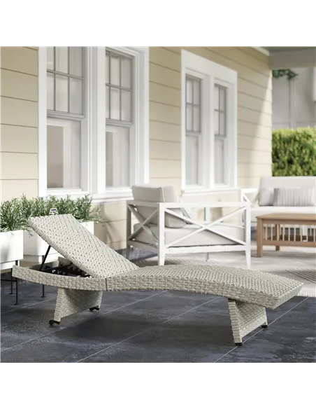 Outsunny Outdoor PE Rattan Sun Lounger, Folding Wicker Garden Lounger Recliner with 4-Level Adjustable Backrest, Rolling Sunbed 