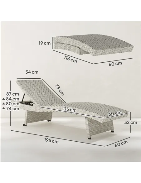 Outsunny Outdoor PE Rattan Sun Lounger, Folding Wicker Garden Lounger Recliner with 4-Level Adjustable Backrest, Rolling Sunbed 