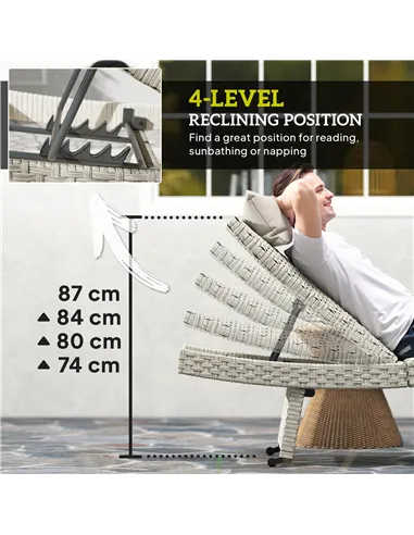 Outsunny Outdoor PE Rattan Sun Lounger, Folding Wicker Garden Lounger Recliner with 4-Level Adjustable Backrest, Rolling Sunbed 
