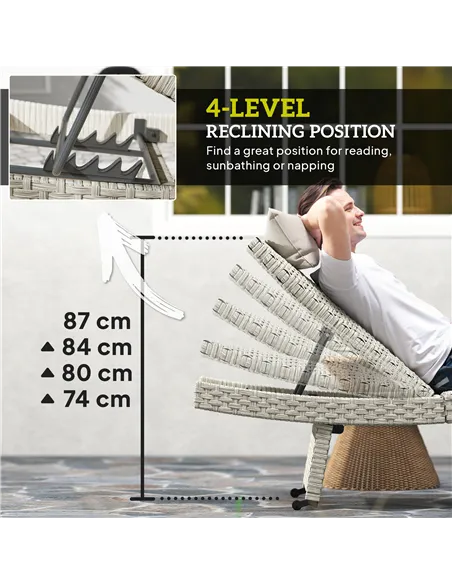 Outsunny Outdoor PE Rattan Sun Lounger, Folding Wicker Garden Lounger Recliner with 4-Level Adjustable Backrest, Rolling Sunbed 