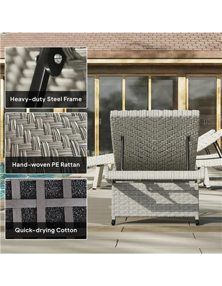 Outsunny Outdoor PE Rattan Sun Lounger, Folding Wicker Garden Lounger Recliner with 4-Level Adjustable Backrest, Rolling Sunbed 