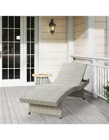 Outsunny Outdoor PE Rattan Sun Lounger, Folding Wicker Garden Lounger Recliner with 4-Level Adjustable Backrest, Rolling Sunbed 