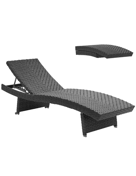 Outsunny Outdoor PE Rattan Sun Lounger, Folding Wicker Garden Lounger Recliner with 4-Level Adjustable Backrest, Rolling Sunbed 