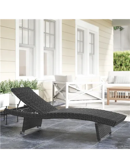 Outsunny Outdoor PE Rattan Sun Lounger, Folding Wicker Garden Lounger Recliner with 4-Level Adjustable Backrest, Rolling Sunbed 