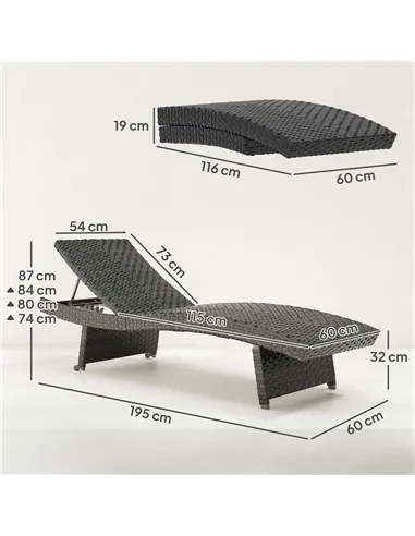 Outsunny Outdoor PE Rattan Sun Lounger, Folding Wicker Garden Lounger Recliner with 4-Level Adjustable Backrest, Rolling Sunbed 