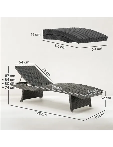 Outsunny Outdoor PE Rattan Sun Lounger, Folding Wicker Garden Lounger Recliner with 4-Level Adjustable Backrest, Rolling Sunbed 