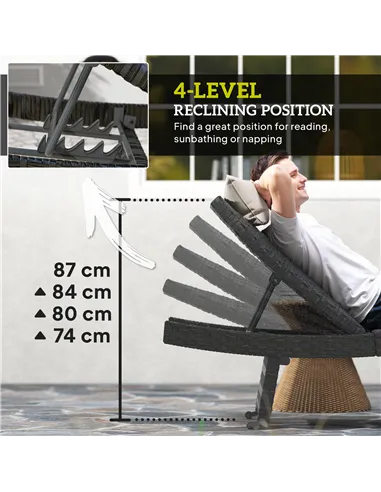 Outsunny Outdoor PE Rattan Sun Lounger, Folding Wicker Garden Lounger Recliner with 4-Level Adjustable Backrest, Rolling Sunbed 