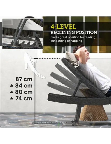 Outsunny Outdoor PE Rattan Sun Lounger, Folding Wicker Garden Lounger Recliner with 4-Level Adjustable Backrest, Rolling Sunbed 