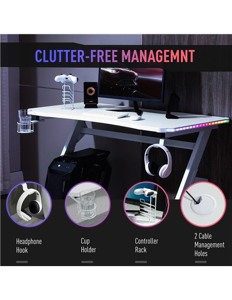 HOMCOM RGB 120 x 66cm Gaming Desk, Computer Table with Carbon Fibre Surface, Headphone Hook, Cup Holder, Controller Rack, Home O