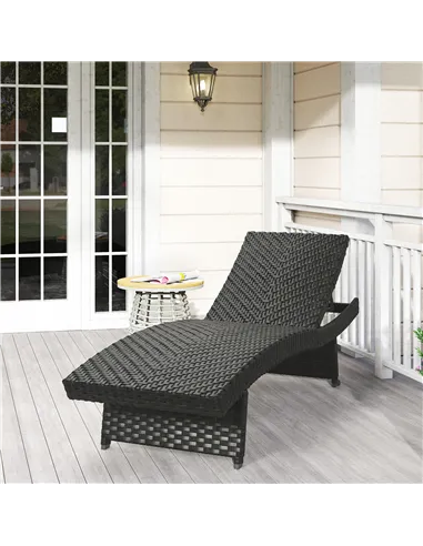 Outsunny Outdoor PE Rattan Sun Lounger, Folding Wicker Garden Lounger Recliner with 4-Level Adjustable Backrest, Rolling Sunbed 