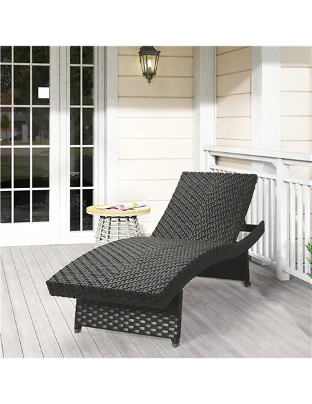 Outsunny Outdoor PE Rattan Sun Lounger, Folding Wicker Garden Lounger Recliner with 4-Level Adjustable Backrest, Rolling Sunbed 