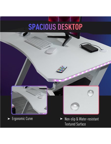 HOMCOM RGB 120 x 66cm Gaming Desk, Computer Table with Carbon Fibre Surface, Headphone Hook, Cup Holder, Controller Rack, Home O