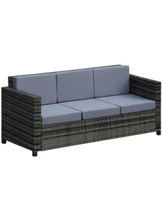 Outsunny 3 Seater All Weather Outdoor Sofa, Garden Rattan Sofa with Cushions and Mental Frame, Grey