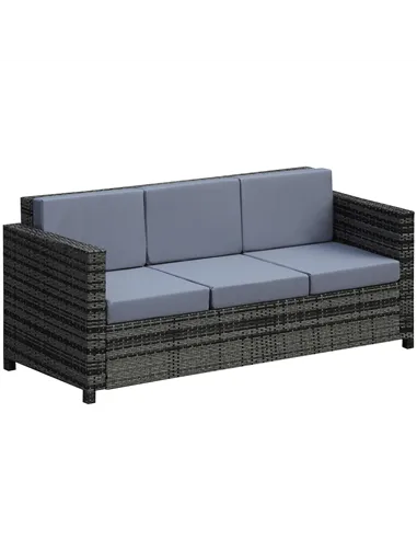 Outsunny 3 Seater All Weather Outdoor Sofa, Garden Rattan Sofa with Cushions and Mental Frame, Grey
