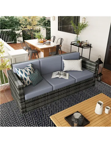 Outsunny 3 Seater All Weather Outdoor Sofa, Garden Rattan Sofa with Cushions and Mental Frame, Grey