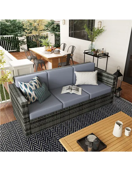 Outsunny 3 Seater All Weather Outdoor Sofa, Garden Rattan Sofa with Cushions and Mental Frame, Grey