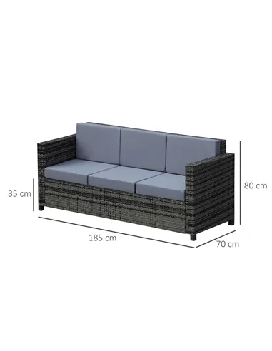 Outsunny 3 Seater All Weather Outdoor Sofa, Garden Rattan Sofa with Cushions and Mental Frame, Grey