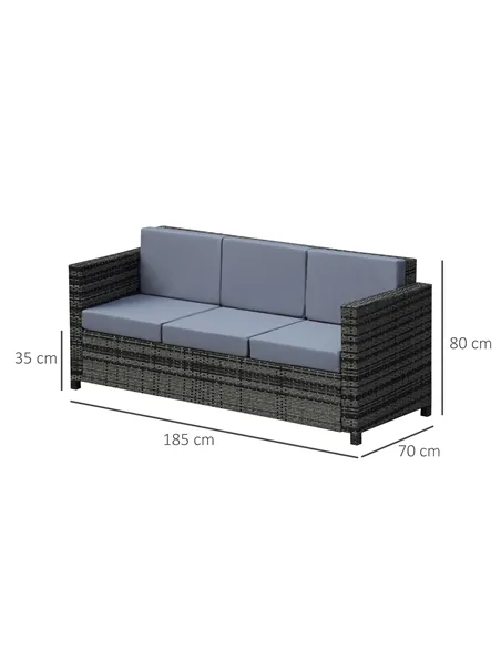 Outsunny 3 Seater All Weather Outdoor Sofa, Garden Rattan Sofa with Cushions and Mental Frame, Grey