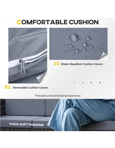 Outsunny 3 Seater All Weather Outdoor Sofa, Garden Rattan Sofa with Cushions and Mental Frame, Grey