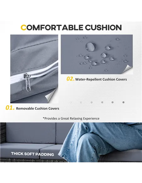 Outsunny 3 Seater All Weather Outdoor Sofa, Garden Rattan Sofa with Cushions and Mental Frame, Grey