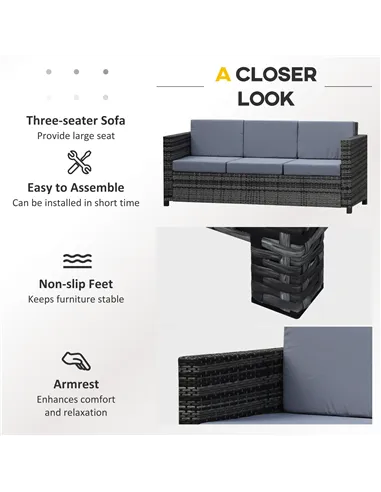 Outsunny 3 Seater All Weather Outdoor Sofa, Garden Rattan Sofa with Cushions and Mental Frame, Grey