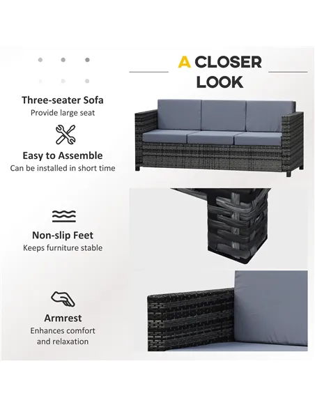 Outsunny 3 Seater All Weather Outdoor Sofa, Garden Rattan Sofa with Cushions and Mental Frame, Grey