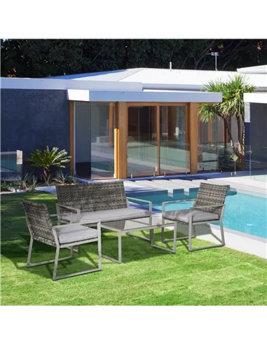 Outsunny 4PC Rattan Garden Furniture Set 2 Single Sofa Arm Chairs 1 Bench with Cushions & Coffee Table Patio Backyard Wicker Wea