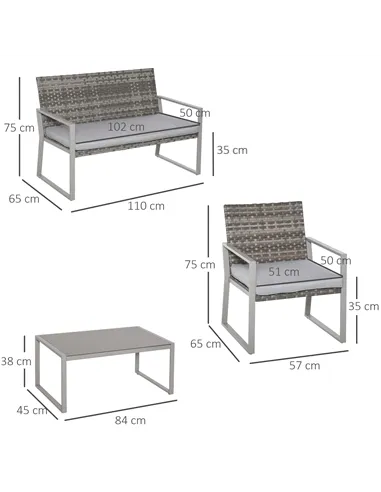 Outsunny 4PC Rattan Garden Furniture Set 2 Single Sofa Arm Chairs 1 Bench with Cushions & Coffee Table Patio Backyard Wicker Wea