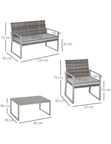 Outsunny 4PC Rattan Garden Furniture Set 2 Single Sofa Arm Chairs 1 Bench with Cushions & Coffee Table Patio Backyard Wicker Wea