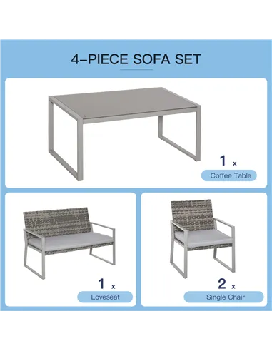 Outsunny 4PC Rattan Garden Furniture Set 2 Single Sofa Arm Chairs 1 Bench with Cushions & Coffee Table Patio Backyard Wicker Wea