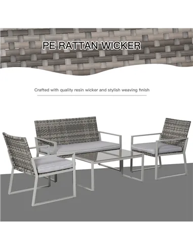 Outsunny 4PC Rattan Garden Furniture Set 2 Single Sofa Arm Chairs 1 Bench with Cushions & Coffee Table Patio Backyard Wicker Wea