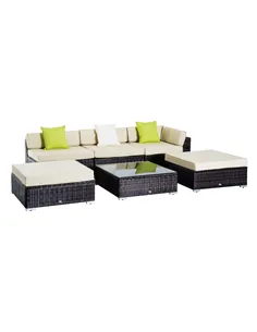 Outsunny 6 PC Rattan Sofa Coffee Table Set Sectional Wicker Weave Furniture for Garden Outdoor Conservatory w/ Pillow Cushion Br