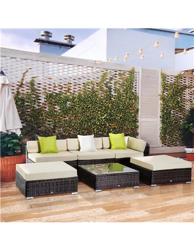 Outsunny 6 PC Rattan Sofa Coffee Table Set Sectional Wicker Weave Furniture for Garden Outdoor Conservatory w/ Pillow Cushion Br