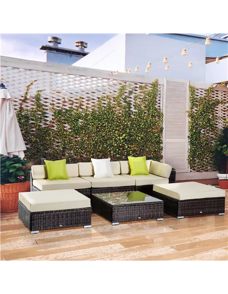 Outsunny 6 PC Rattan Sofa Coffee Table Set Sectional Wicker Weave Furniture for Garden Outdoor Conservatory w/ Pillow Cushion Br