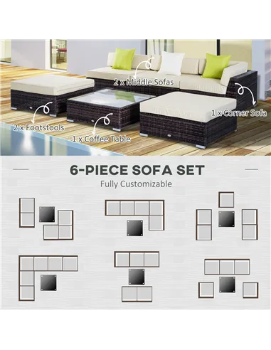 Outsunny 6 PC Rattan Sofa Coffee Table Set Sectional Wicker Weave Furniture for Garden Outdoor Conservatory w/ Pillow Cushion Br