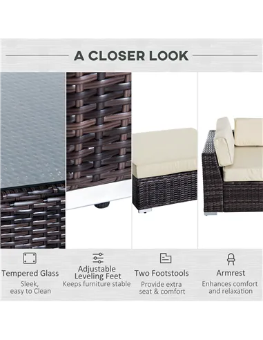 Outsunny 6 PC Rattan Sofa Coffee Table Set Sectional Wicker Weave Furniture for Garden Outdoor Conservatory w/ Pillow Cushion Br