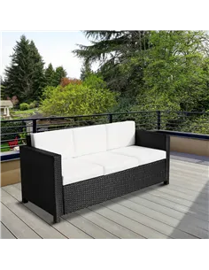 Outsunny 3 Seater Rattan Sofa All-Weather Wicker Weave Metal Frame Chair with Fire Resistant Cushion, Black 2