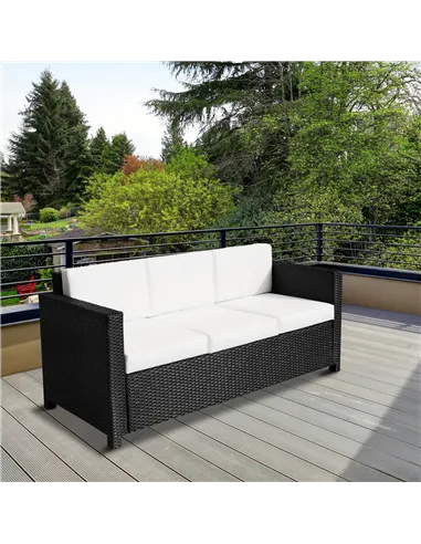 Outsunny 3 Seater Rattan Sofa All-Weather Wicker Weave Metal Frame Chair with Fire Resistant Cushion, Black